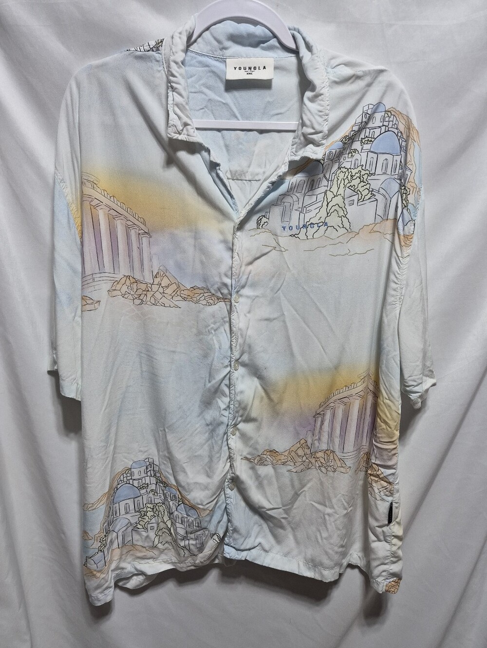 YoungLA XXL Greece Santorini Scenic Print Button Down Shirt Resort Vacation